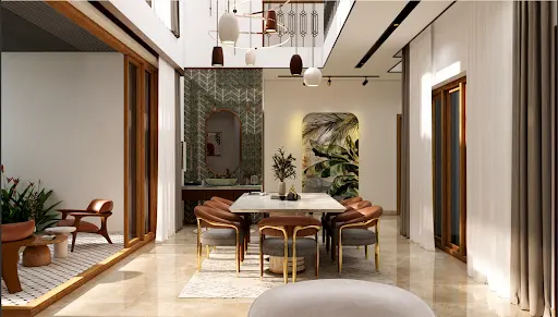 View from dining and living area into central courtyard with sliding glass doors and natural light at Shabeer Ali Residence