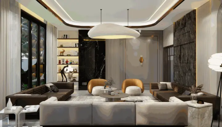 Bright open-plan living and dining area with minimalist furniture and natural light.