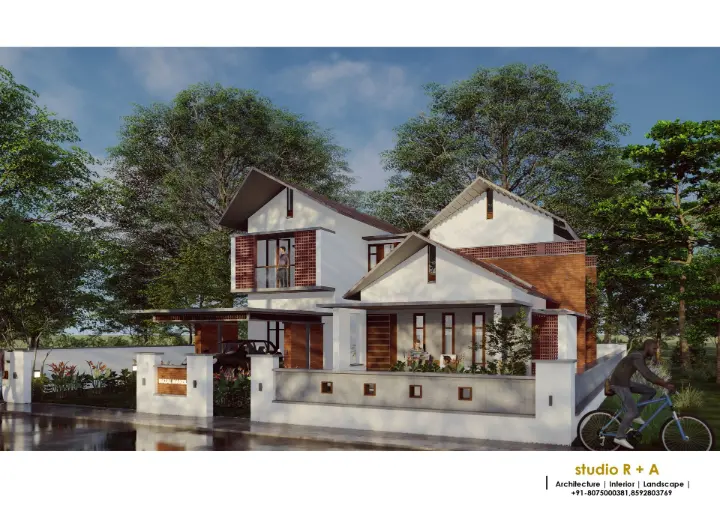 Kerala contemporary home façade softly lit at night with simple balconies and large windows