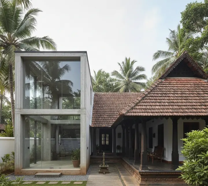 Kerala house showing traditional roof and timber blending with modern concrete and glass. A clear Kerala-focused guide on blending traditional and modern design for families, NRIs, and developers. Climate-smart, functional, and visually balanced.