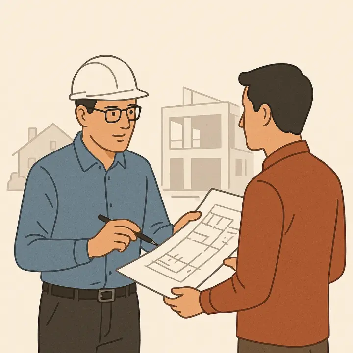 Best architect in Perinthalmanna discussing house floor plans with a client during home design planning.”