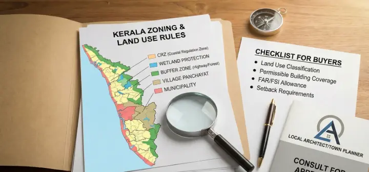 A Kerala zoning and land use rules map with a buyer checklist highlighting CRZ zones, land classification, building coverage, and approval requirements before purchasing a plot.