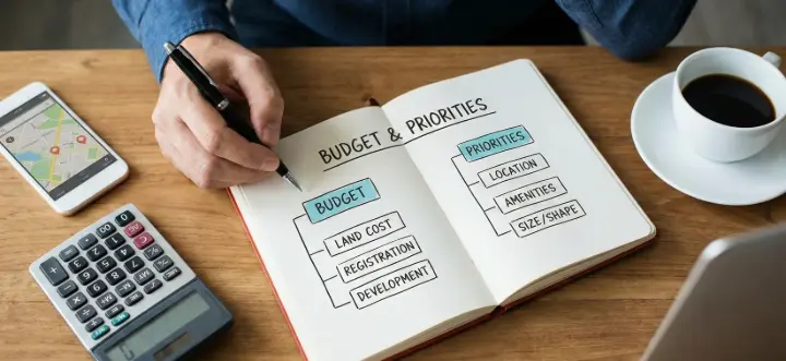 A person planning budget and priorities such as location, land cost, and amenities before buying a residential plot in Kerala.