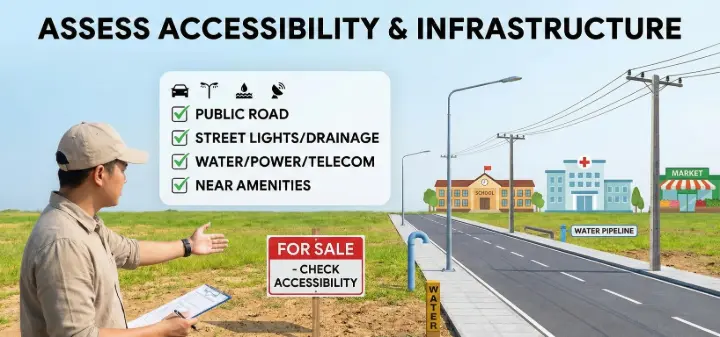 A buyer inspecting a land plot in Kerala while checking accessibility, road connectivity, street lights, water supply, power connection, and nearby amenities before purchase.