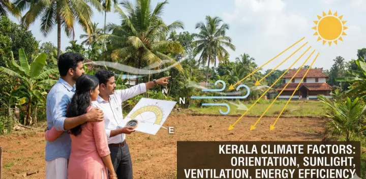 A family consulting an expert to check plot orientation, sunlight exposure, wind direction, and ventilation before building a home in Kerala for better energy efficiency.