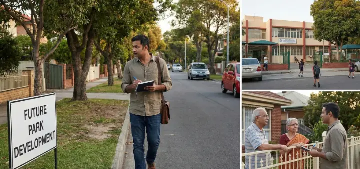A family consulting an architect and engineer to review house plans and land suitability before buying a residential plot in Kerala.