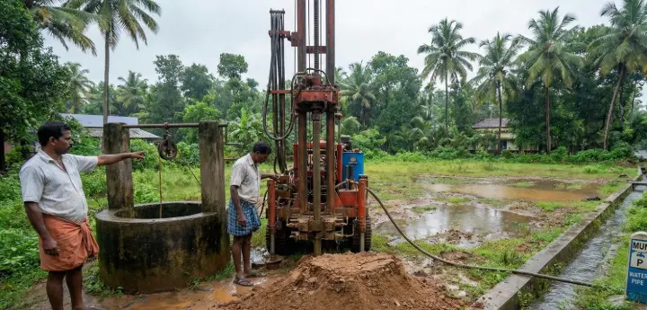 Workers drilling a borewell to check groundwater availability and drainage conditions on a Kerala land plot before residential construction.