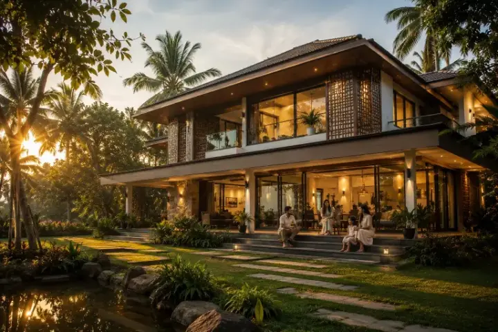 Modern Kerala villa exterior with glass windows and sloped roof