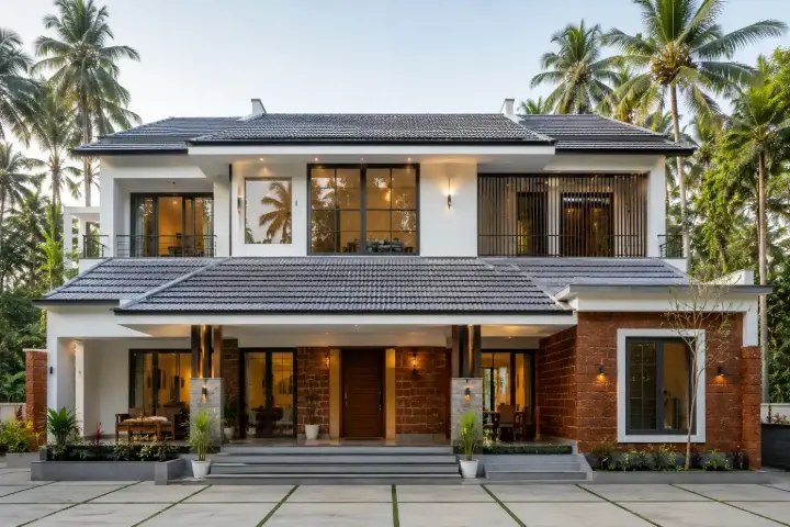 Cinematic Modern Kerala Home Lifestyle View Kerala modern house at sunset with tropical garden view