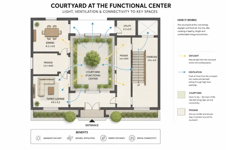 Villa floor plan with a central courtyard providing natural light and ventilation to the dining area, family lounge, staircase, and surrounding passages.
