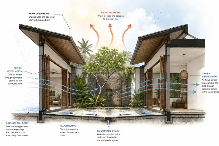 Open-to-sky tropical villa courtyard section showing sunlight, natural ventilation, rising warm air, roof overhangs, rain-splash protection, floor slope, and central drain.